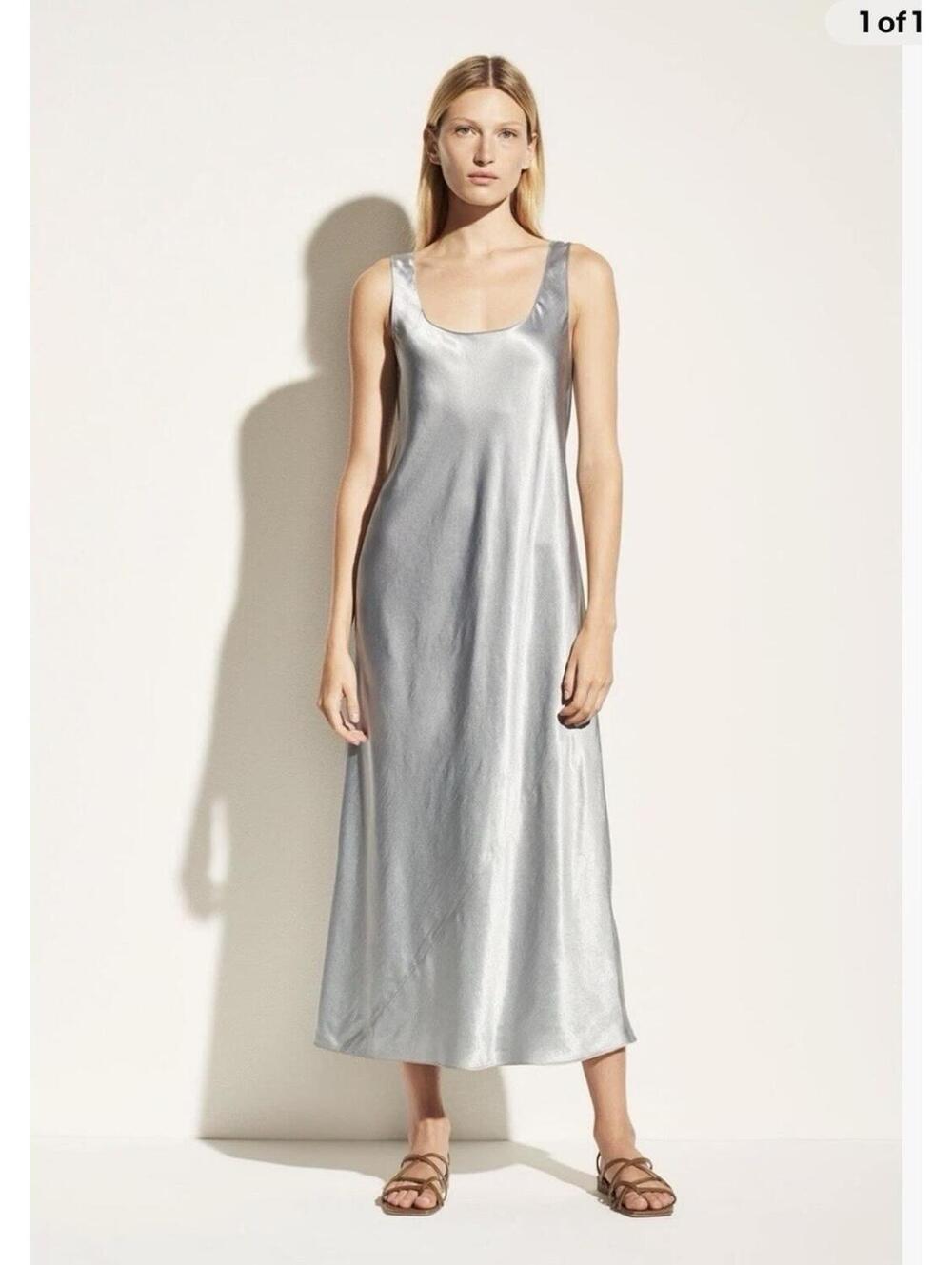 Vince Bias Sleeveless Satin Slip Midi Dress in Blue Gray  Size M
